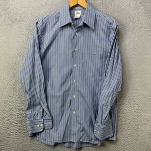 Lacoste Mens Blue 42 Shirt Dress Button Up Blue White Stripes Pocket Logo EUC
